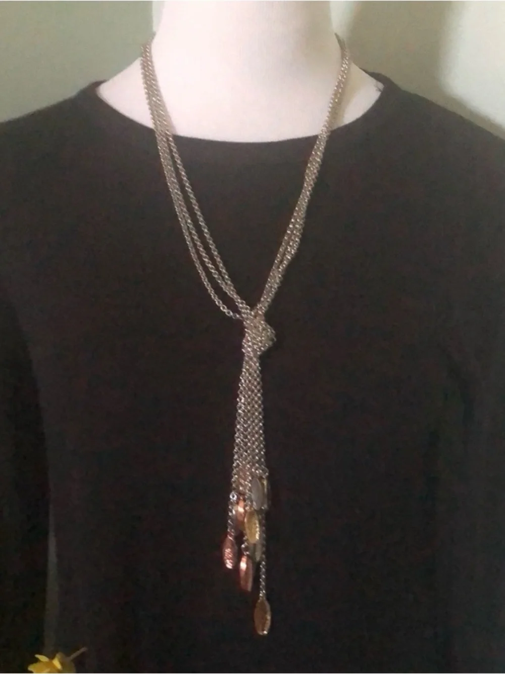 Long Multi Strand Silver Lariat Necklace Mixed Metal Disc Dangle Statement